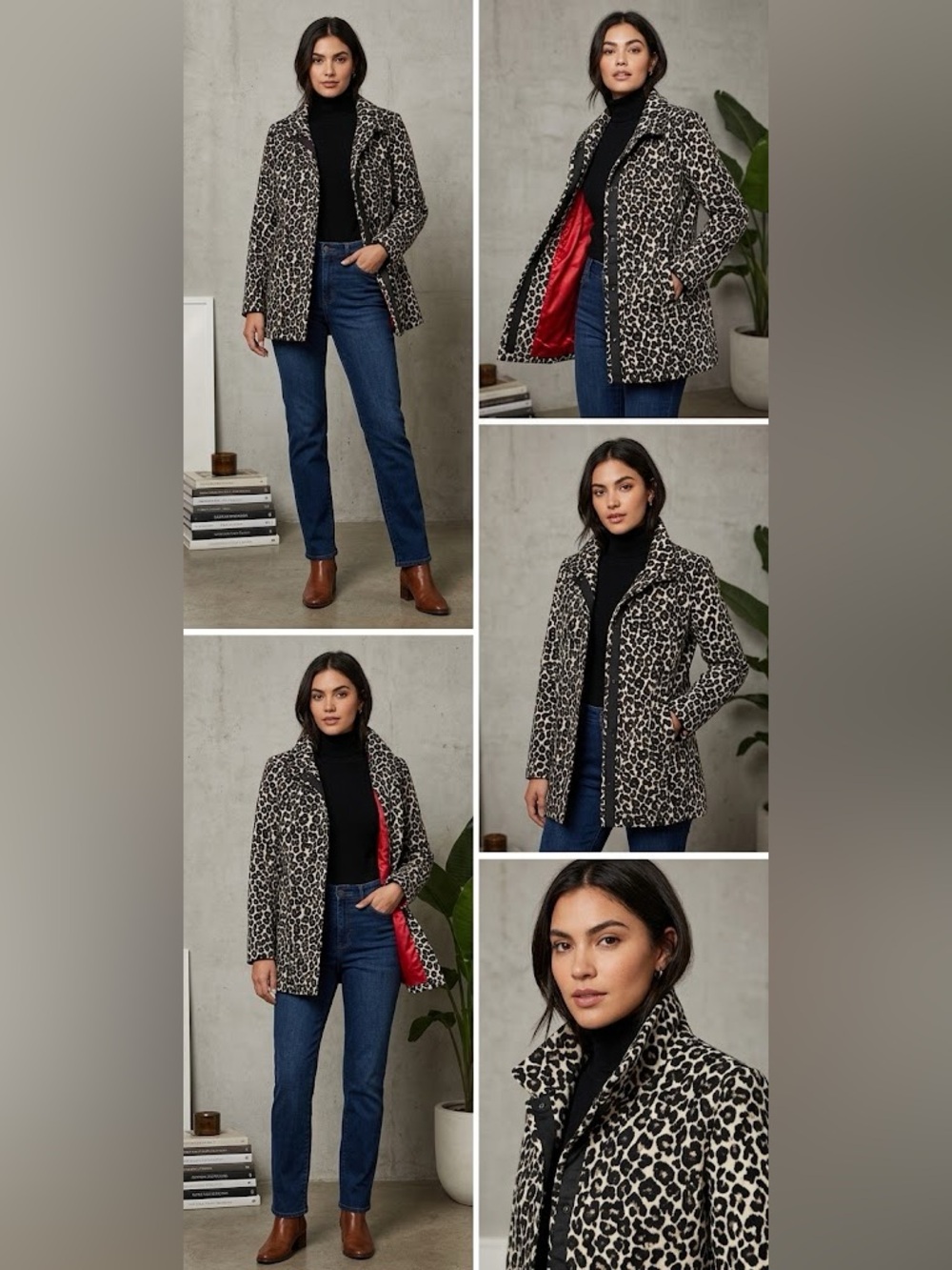 Kut from the Kloth Black and Cream Leopard Print Pea Coat with Red Lining